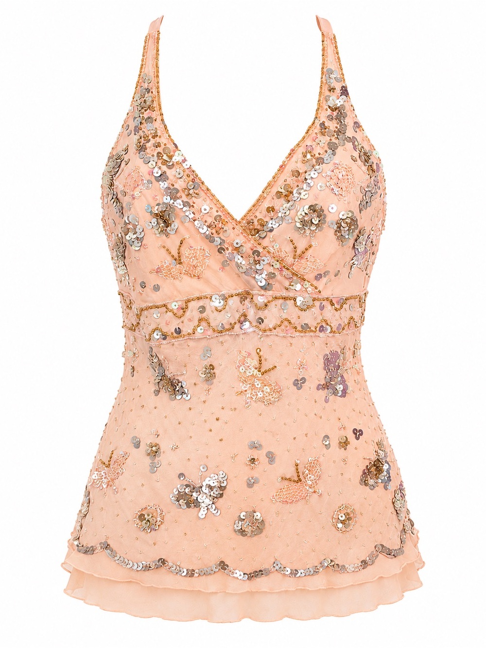 bebe 100% Silk Pink Beaded Sequin Butterfly Halter Top XS / Vintage